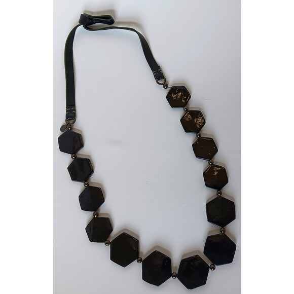 Express Signed Black Geometric Hexagon Statement Necklace 28-30 in - Picture 7 of 10